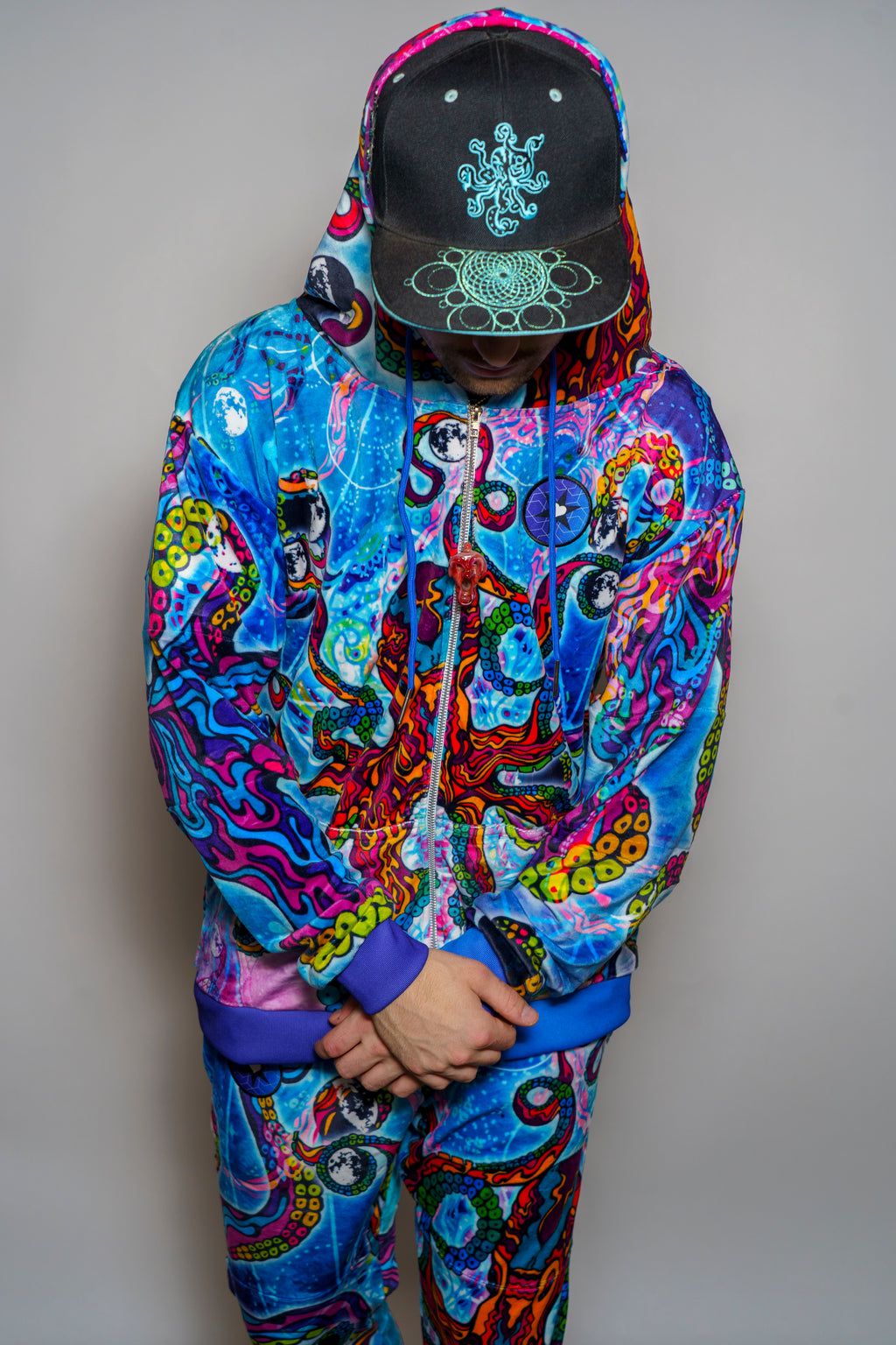 Cosmic Octopus Flat Brim Hat - Blue on Black