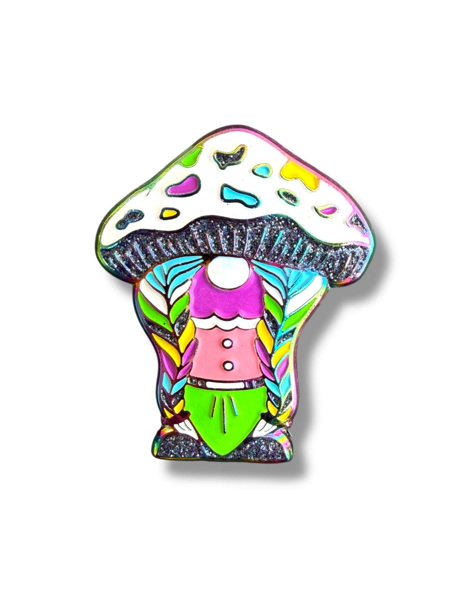 Mushroom Braided Gnome Pin - Neon Rainbow Anodized