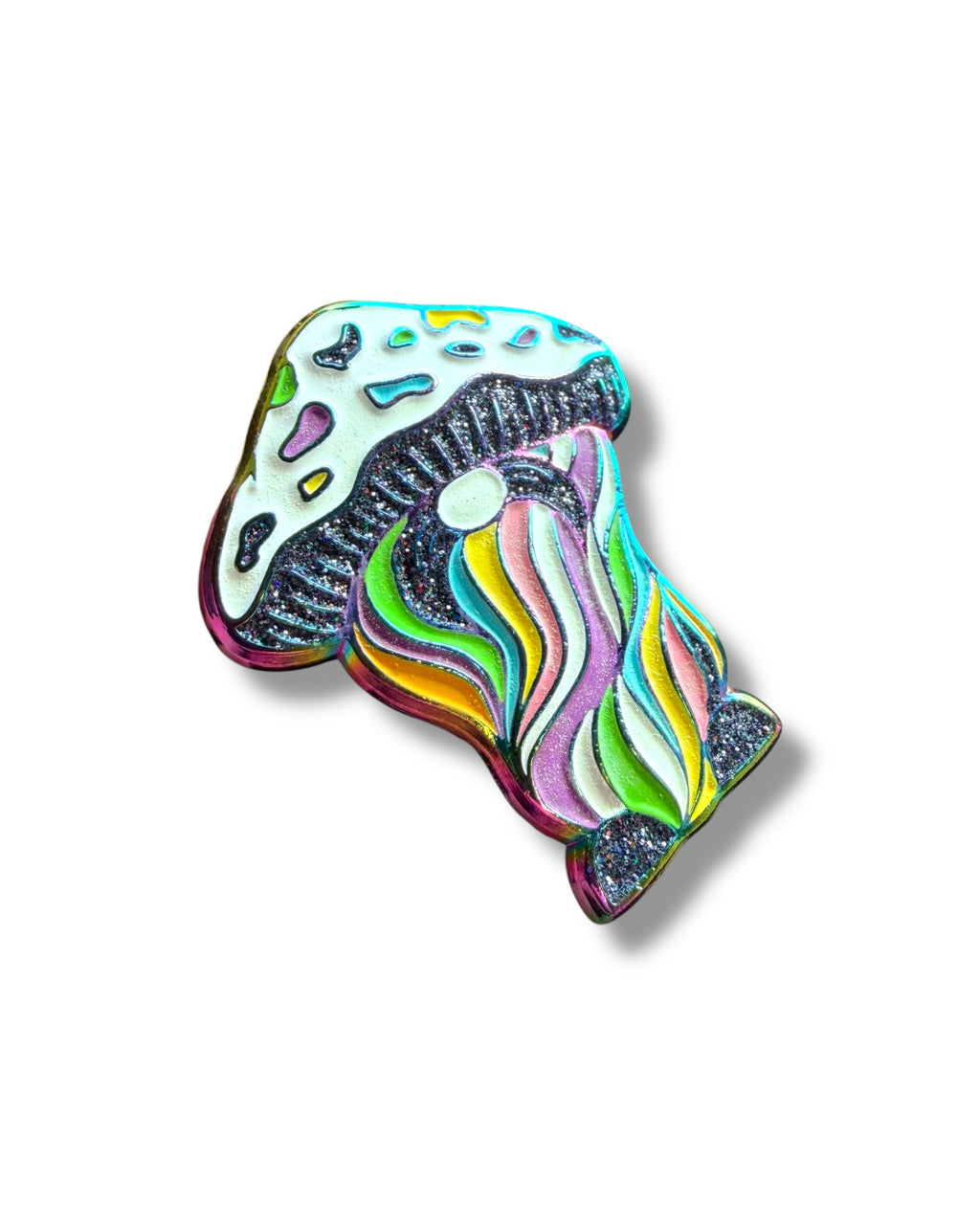 Mushroom Mustache Gnome Pin - Neon Rainbow Anodized