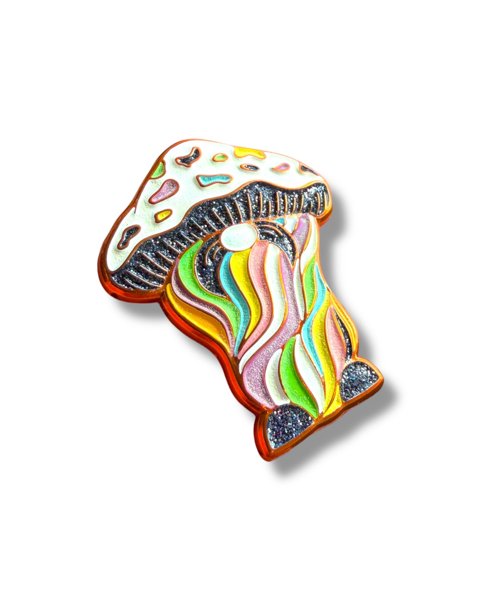 Mushroom Mustache Gnome Pin - Orange Anodized