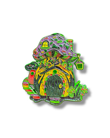 Mushroom Gnome House Pin - Green Anodized