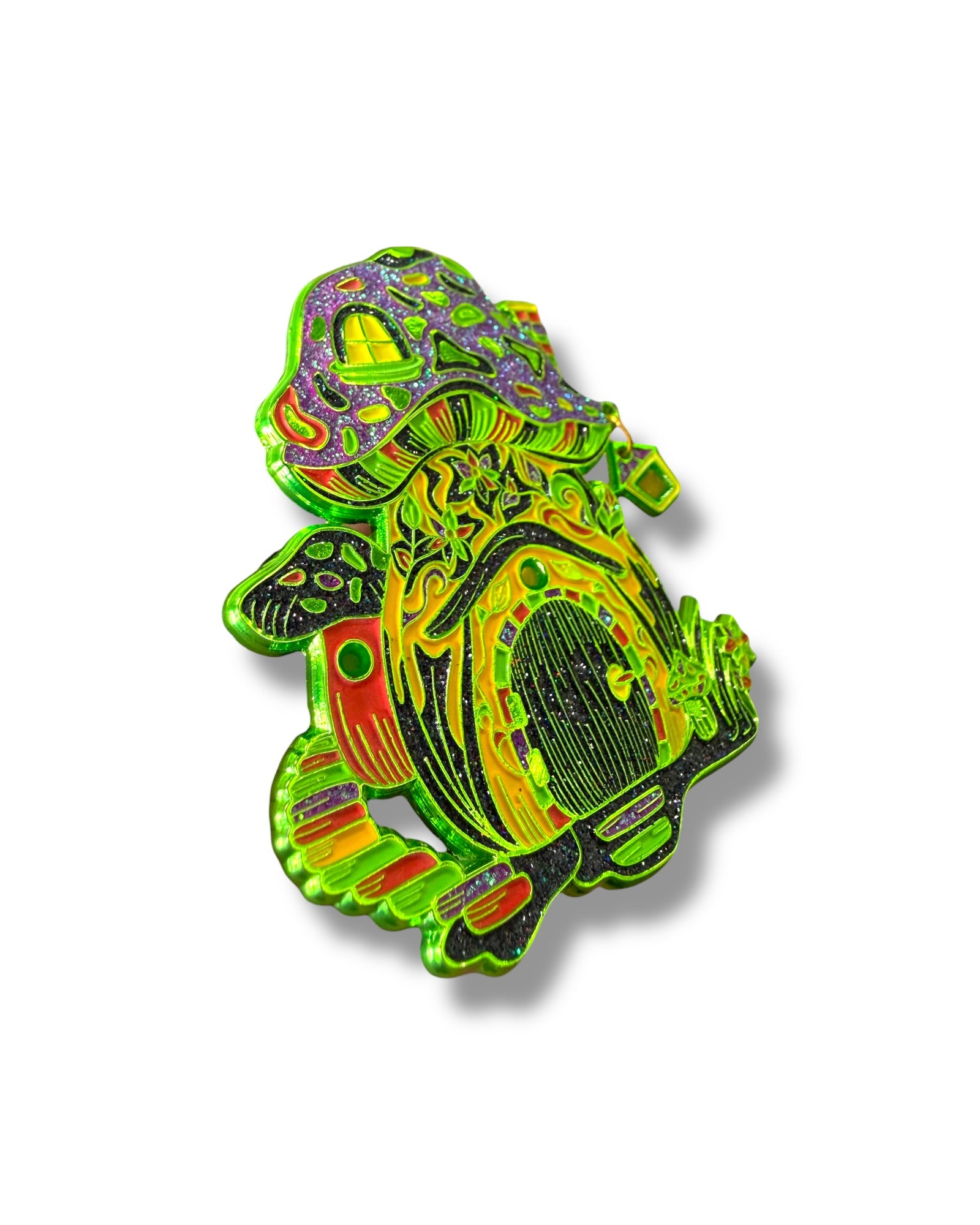 Mushroom Gnome House Pin - Green Anodized