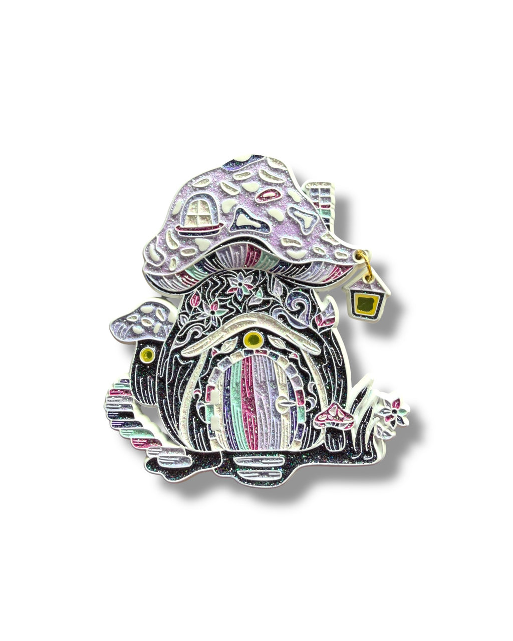 Mushroom Gnome House Pin - White Anodized