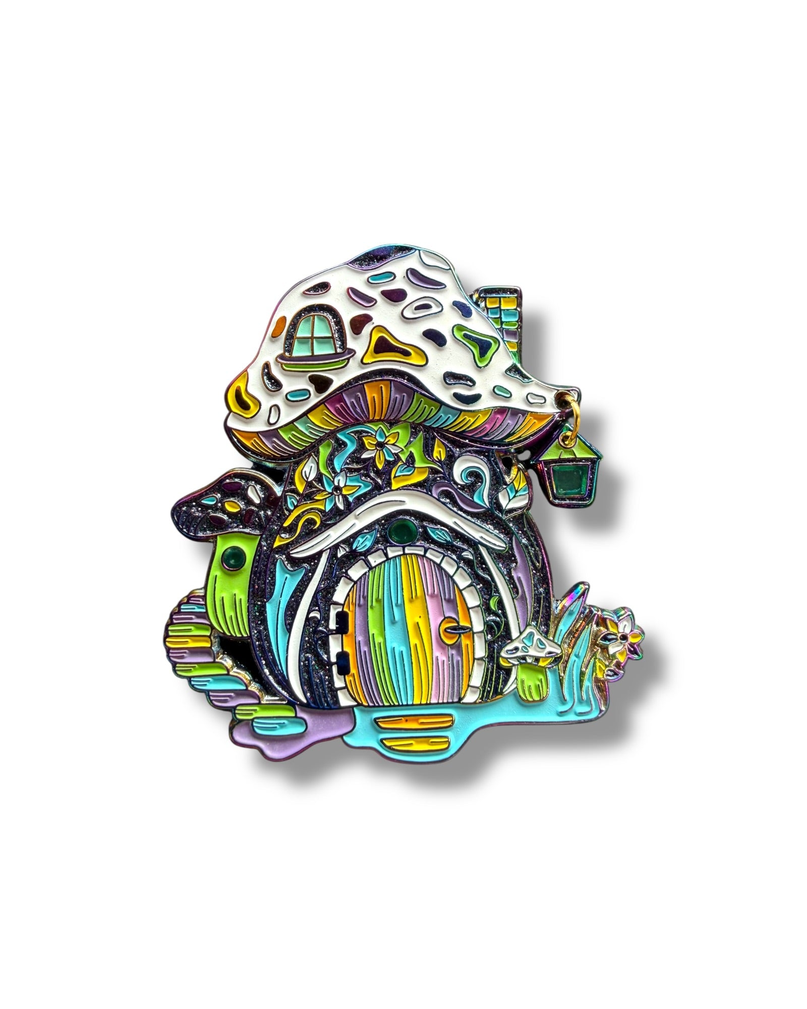 Mushroom Gnome House Pin - Neon Rainbow Anodized Main image