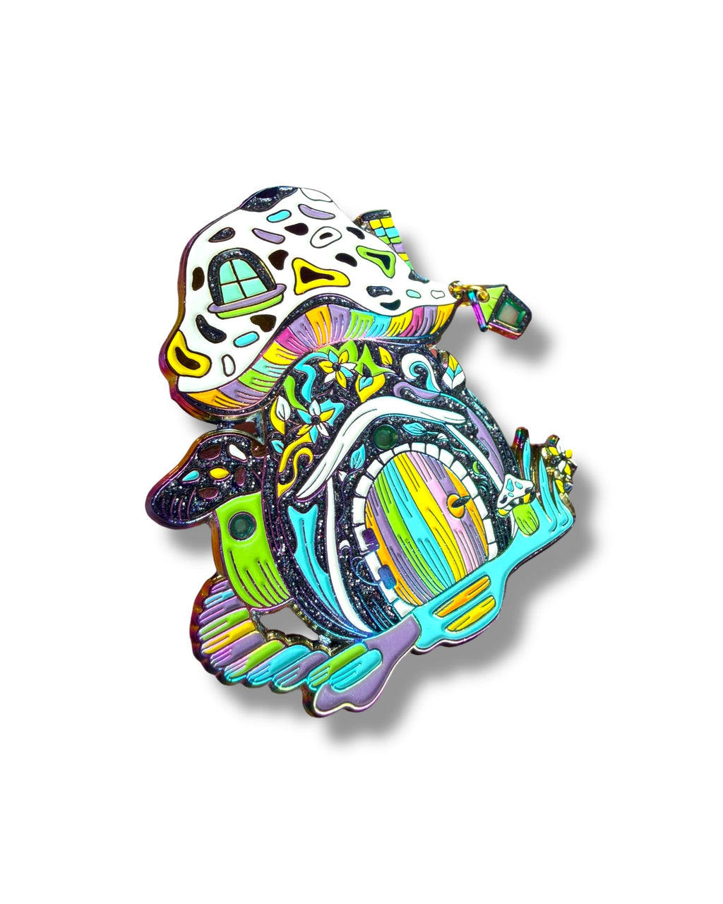 Mushroom Gnome House Pin - Neon Rainbow Anodized
